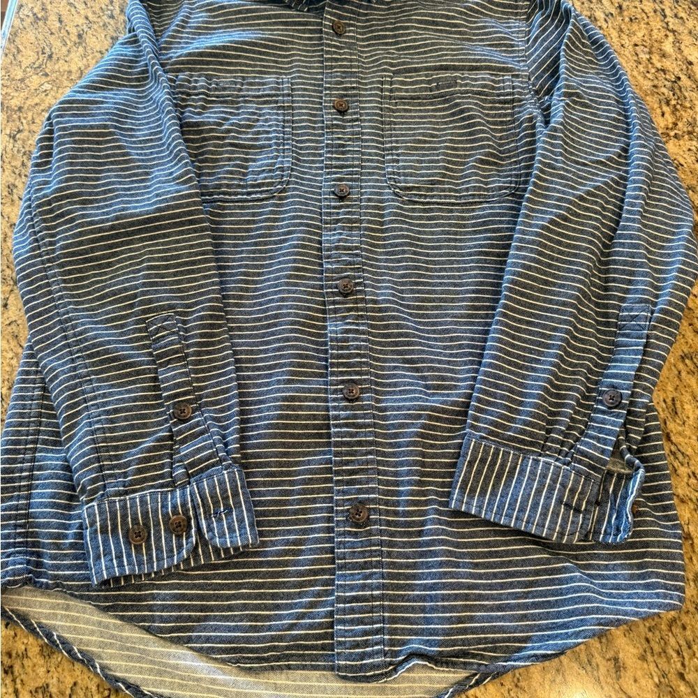 Duluth Trading Co Navy and White Slim Fit Striped Shirt